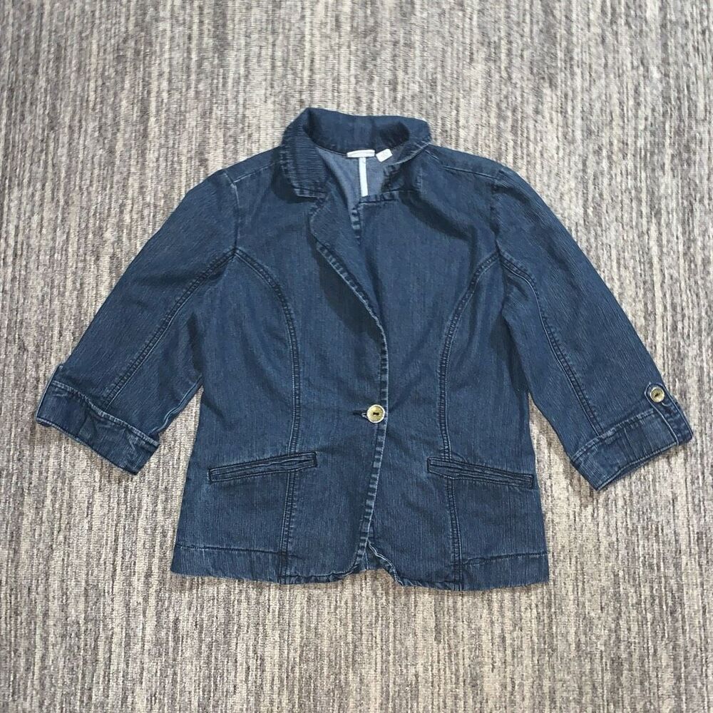 Cato Womens Medium One Button Front Denim Jean Jacket Blue Dark Wash Stretch